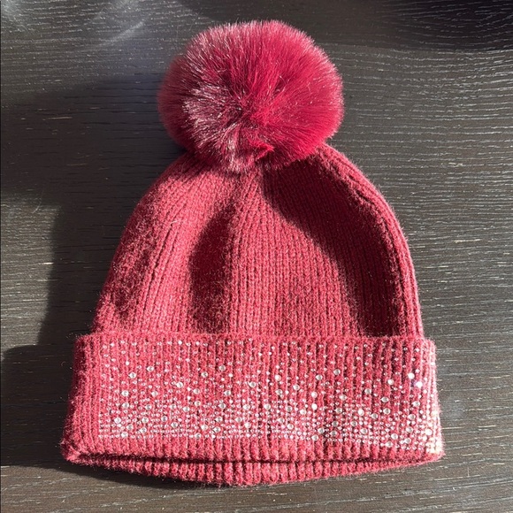 Madden NYC One Size Burgundy Knit Pom-Pom Hat with Sparkling Rhinestones - Picture 1 of 3